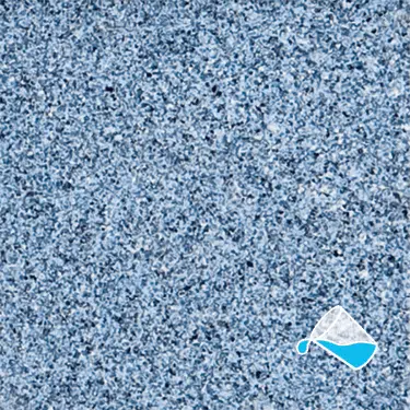 The name of this aquaBRIGHT color swatch is "Blue Lagoon". It's a sample of a light-colored pool finish. The surface is composed of a dense mix of tiny, irregularly shaped white, black, gray, and blue specks, giving it a speckled, granite-like appearance.