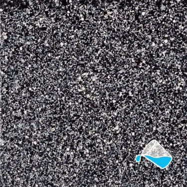 The name of this aquaBRIGHT color swatch is "French Grey". It's a sample of a dark-colored pool finish. The surface is composed of a dense mix of tiny, irregularly shaped white, black, and gray specks, giving it a speckled, granite-like appearance.