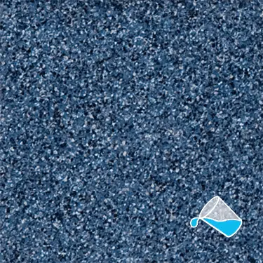 The name of this aquaBRIGHT color swatch is "Mediterranean Blue". It's a sample of a dark-colored pool finish. The surface is composed of a dense mix of tiny, irregularly shaped white, black, and blue specks, giving it a speckled, granite-like appearance.